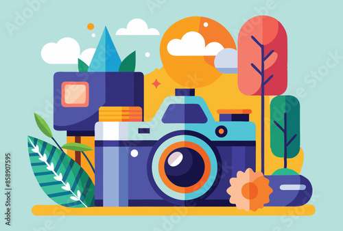 a camera with a tree in the background.