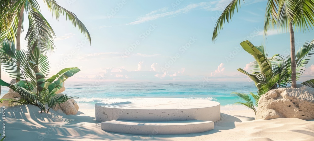 Obraz premium Tropical beach with sand podium to display product showcase for a summer concept ads background. Sandy beach with palm leaves and ocean waves