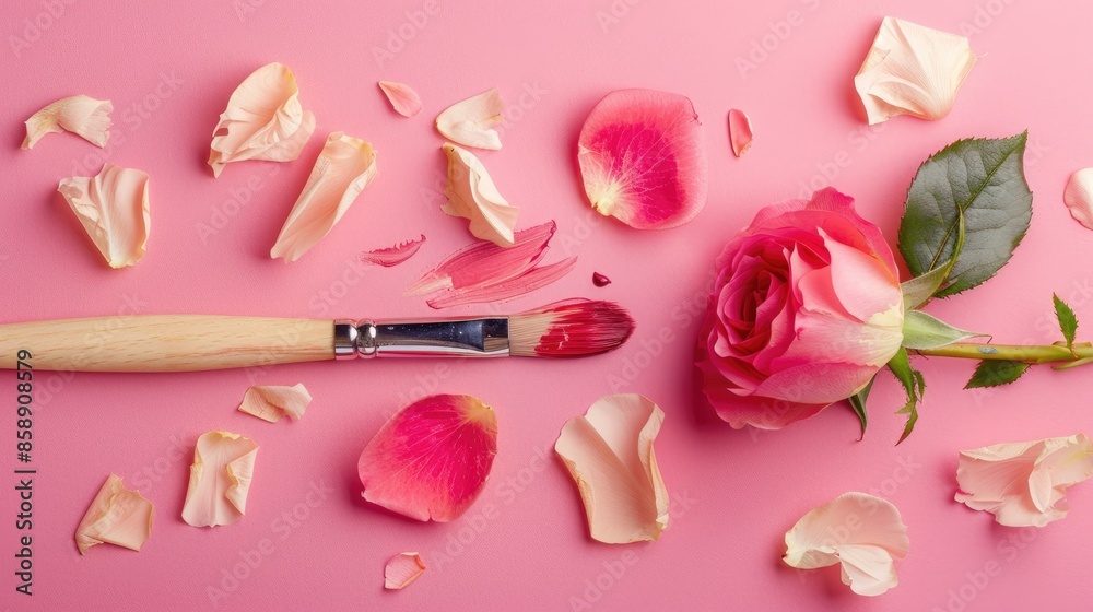 Fototapeta premium Concept of spring or summer blossoms Paintbrush with roses and petals on pink backdrop Overhead view flat lay