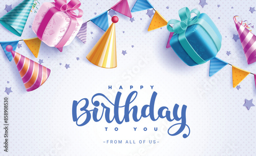 Happy birthday greeting vector background. Birthday greeting text with gift box, pennants and party hat decoration elements for invitation card design. Vector illustration card background. 

