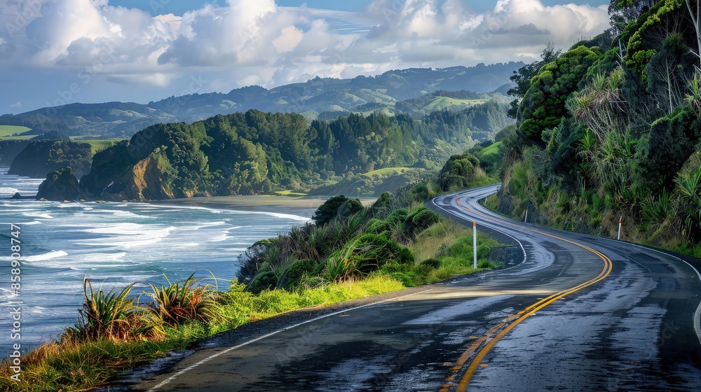 A scenic coastal road with views of the ocean on one side and lush hillsides on the other, capturing the adventurous spirit of summer road trips. A scenic coastal road with views of the ocean on one side and lush hillsides on the other, capturing the adventurous spirit of summer road trips.