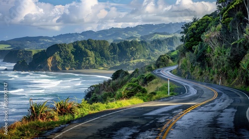 A scenic coastal road with views of the ocean on one side and lush hillsides on the other, capturing the adventurous spirit of summer road trips. © Aqsa