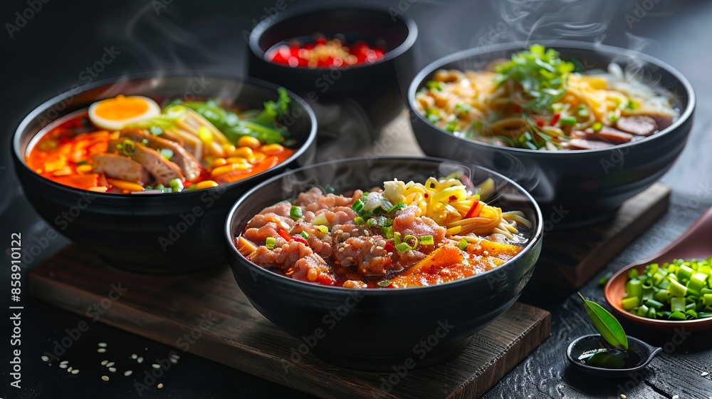 Asian food in bowls on a wooden table.