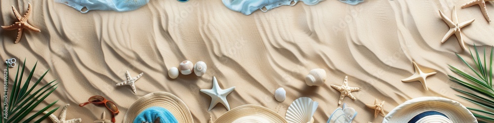 Top view of a beach scene featuring assorted beach accessories, starfish, and seashells on a sandy beach. Generative AI Top view of a beach scene featuring assorted beach accessories, starfish, and seashells on a sandy beach. Generative AI