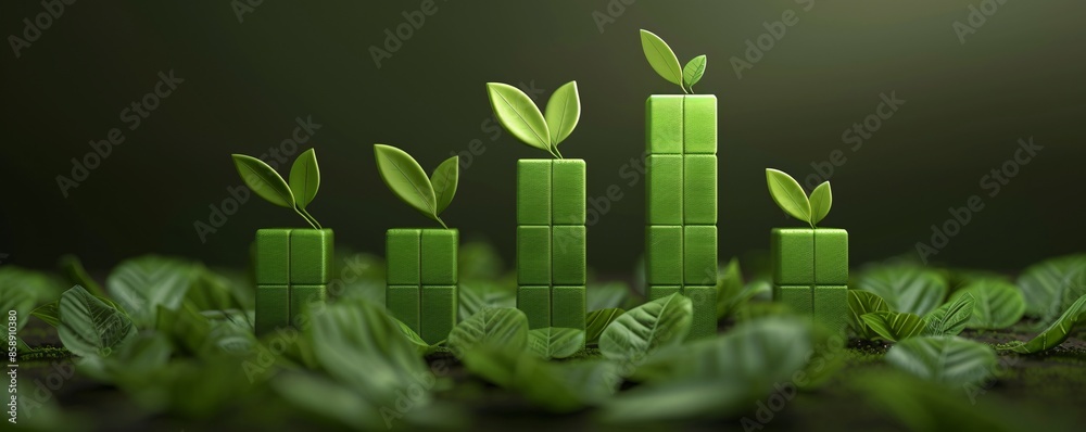Close-up of financial documents featuring green bar charts and fresh leaves, representing eco-friendly finance and sustainable development, with a blank space for text or logos Close-up of financial documents featuring green bar charts and fresh leaves, representing eco-friendly finance and sustainable development, with a blank space for text or logos