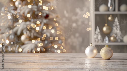 Dreamy empty timber blank timber table Christmas bright gold tree background empty luxury decor glowing bokeh lights card printable product advert chic  luxury posh trendy preppy xmas eve front view
