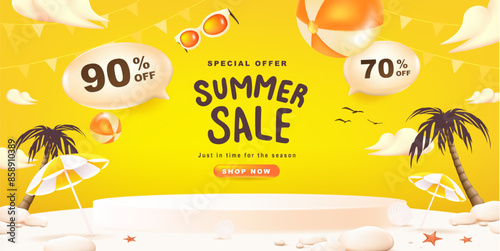 Summer sale banner poster with podium display and summer beach sunset scene design background