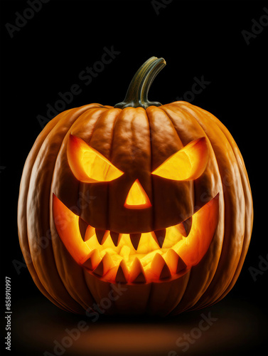 Carved Halloween Pumpkin with Scary Face Illuminated from Within