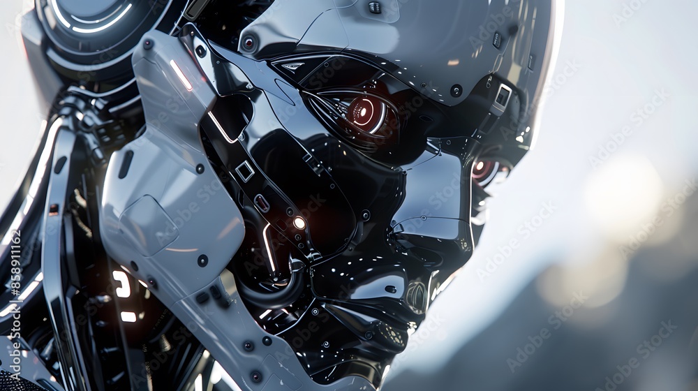 Fototapeta premium Close-up of a futuristic robotic face featuring intricate metallic components and a sleek, modern design.