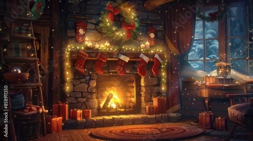 A cozy Christmas scene featuring a fireplace with a crackling fire, decorated with stockings and a garland of lights. The fireplace is flanked by presents and a window with a snowy view. The room is w