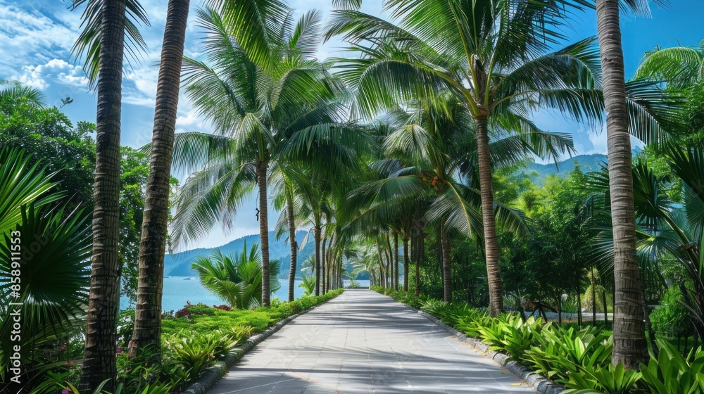 A pathway lined with tall palm trees leading to a secluded tropical paradise. A pathway lined with tall palm trees leading to a secluded tropical paradise.