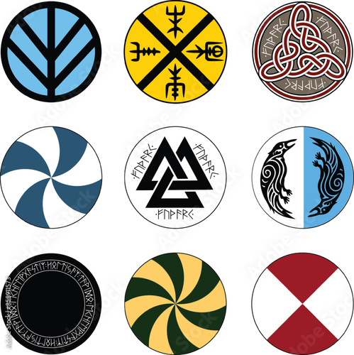 Design of nine Scandinavian Viking shields. Realistic illustration.