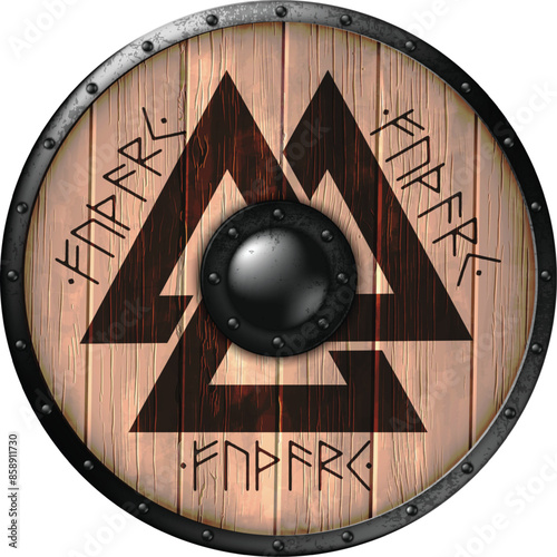 Viking shield design. A wooden shield bound with iron, featuring the Scandinavian Viking symbol and runes. Realistic illustration.