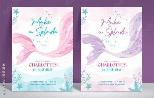Birthday invitation card vector template design. Mermaid birthday girl underwater theme with fish tail watercolor background for party aquatic invitation card. Vector illustration mermaid template set