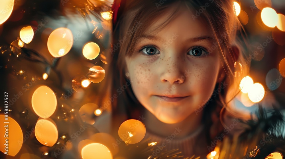 A young girl with freckles and blue eyes gazes directly at the camera, framed by warm, glowing Christmas lights. The image captures a sense of innocence and anticipation for the holiday season.