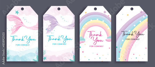 Birthday thank you card vector set design. Thank you gift tags, cards and message lay out collection in magical, fantasy, mermaid theme background celebration. Vector illustration thank you card 