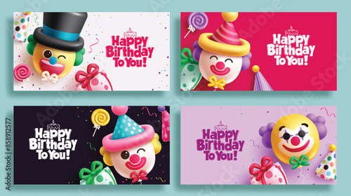 Happy birthday greeting vector banner set design. Birthday greeting text with cute clowns balloon, inflatable gifts and party hat elements for celebration cards collection. Vector illustration 