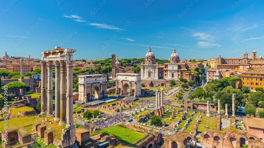 Obraz premium Aerial view of ancient ruins and historical landmarks in Rome, Italy, showcasing the city's rich architectural heritage under a clear blue sky.