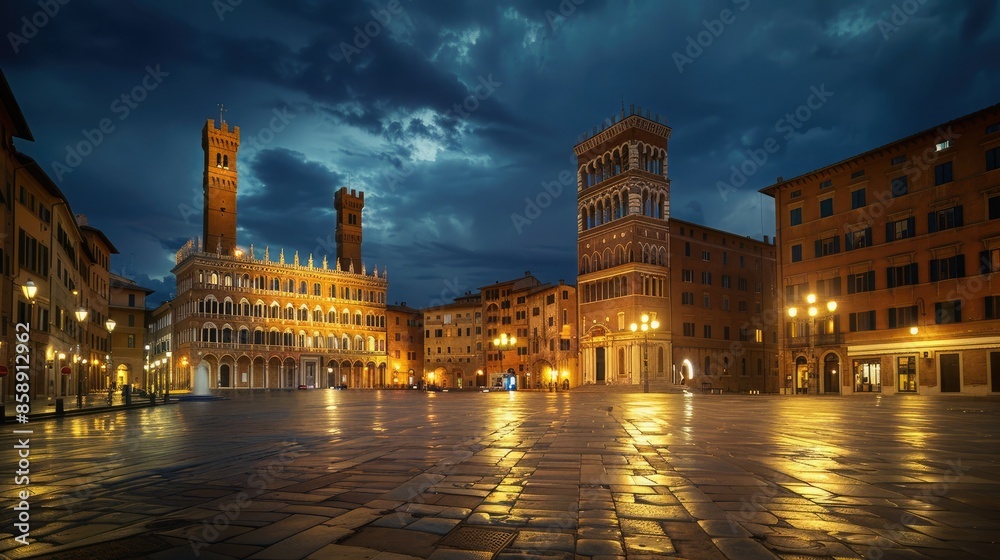 Fototapeta premium An illuminated historic town square at dusk with dramatic clouds and classical architecture.