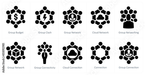 A set of 10 web marketing icons as group budget, group clash, group network