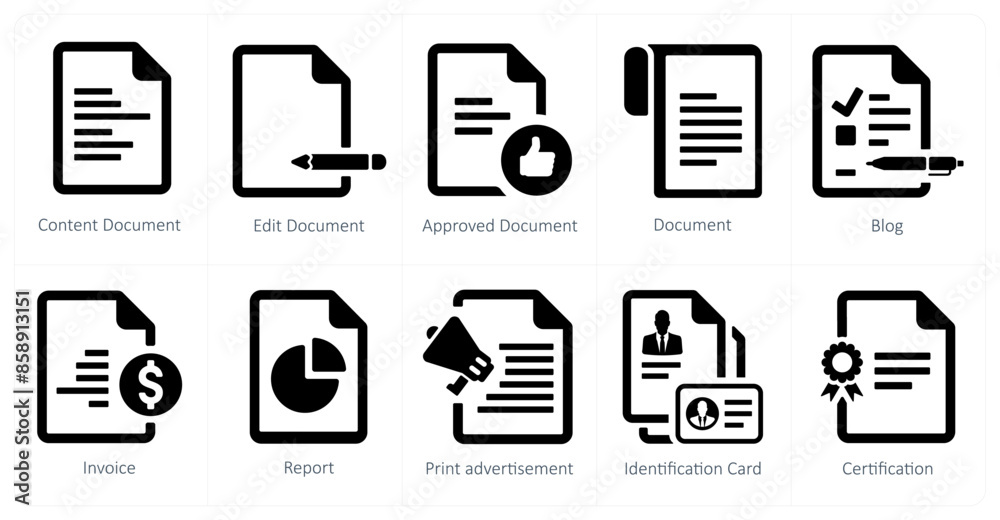 A set of 10 web marketing icons as content document, edit document, approved document