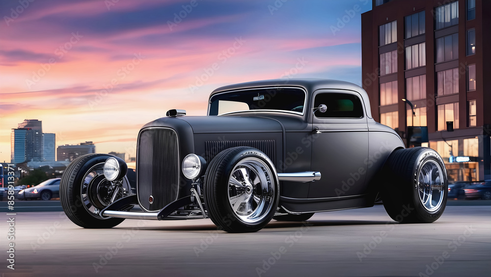 beautiful old timer hot rod vintage matte black car at sunset, transport and vehicles, automotive background, auto mock up