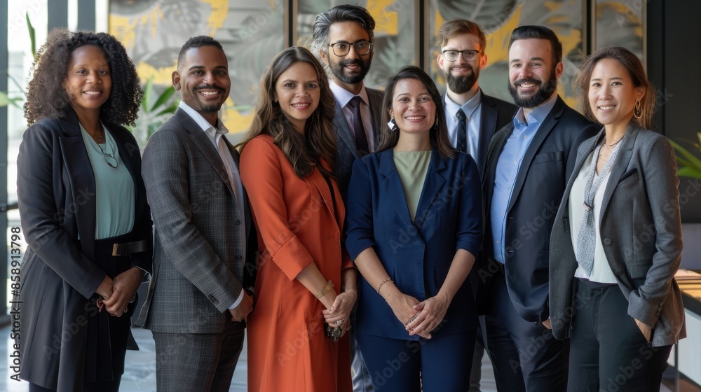 This image shows a group of eight professionals, dressed in business ...
