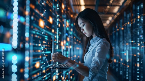 A woman in a data center and information technology environment, depicted as an engineer configuring a server room with software updates. The scene emphasizes the tech industry, cybersecurity