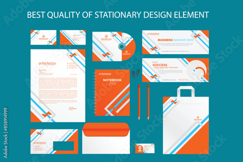 Premium corporate identity mockup set. Business stationery realistic design template. Blue color branding with folder, blank, brochure and visiting card.