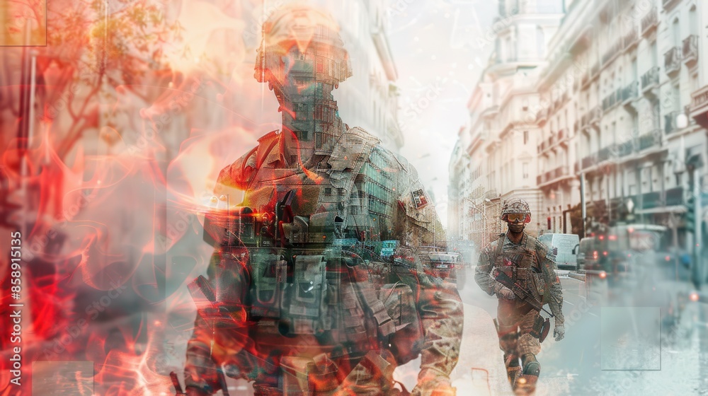 Fototapeta premium This digitally altered image shows a soldier walking through a city street. The soldier is heavily armed and wearing camouflage gear. The background is blurred, and the image is overlaid with red and 