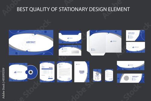 Premium corporate identity mockup set. Business stationery realistic design template. Blue color branding with folder, blank, brochure and visiting card.
