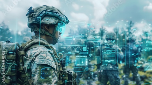 A soldier in a modern military uniform is wearing a helmet with augmented reality technology displayed on the visor. The soldier is in a training environment, likely a forest or field, with other sold