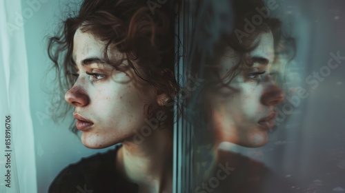 20061811 18 A person standing in front of a mirror with a blank expression, their reflection showing a tired and weary face --ar 16:9 Job ID: f5b9871a-b431-45df-b088-a843353d1411