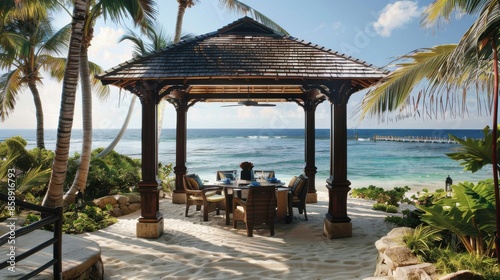 A beachside pavilion with a table and chairs, overlooking the ocean. The pavilion is shaded by a roof, and there are palm trees in the background. The scene is peaceful and relaxing