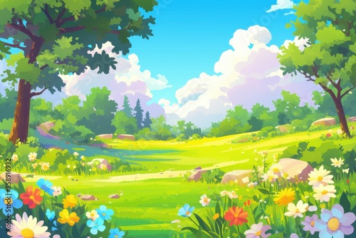 Summer Landscape with Colorful Flowers