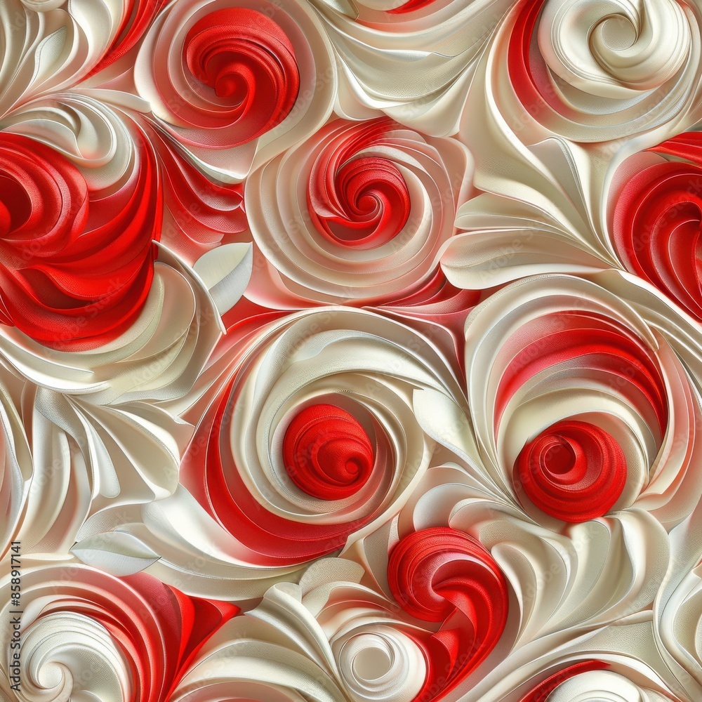 A close-up shot of a modern art installation featuring red and white paper swirls. The paper is folded and manipulated to create a three-dimensional effect, with each swirl overlapping and intertwinin A close-up shot of a modern art installation featuring red and white paper swirls. The paper is folded and manipulated to create a three-dimensional effect, with each swirl overlapping and intertwinin
