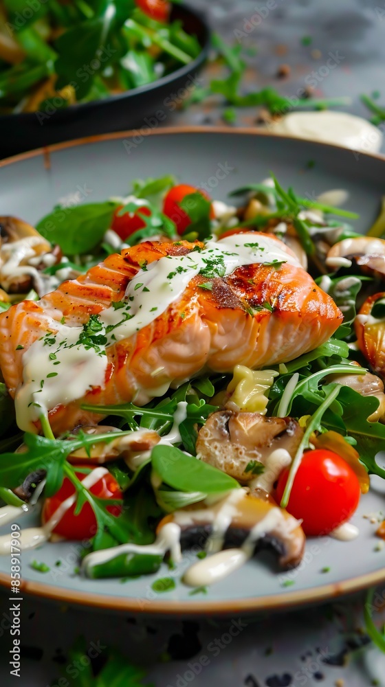 A plate with salmon, mushrooms and salad. A plate with salmon, mushrooms and salad.