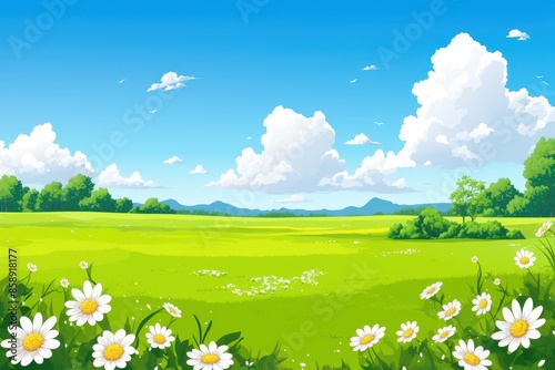 Summer Meadow with Daisies and Blue Sky