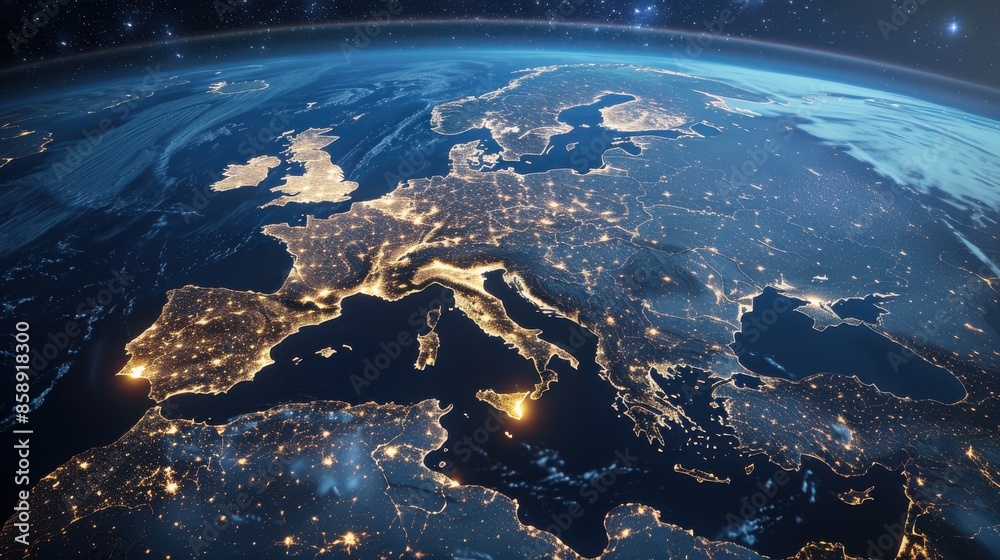 A satellite view of Europe at night, showcasing the illuminated cities across the continent. The image captures the vast expanse of the landmass with a stunning display of city lights against the back A satellite view of Europe at night, showcasing the illuminated cities across the continent. The image captures the vast expanse of the landmass with a stunning display of city lights against the back