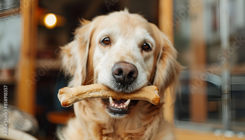 Cute Golden Retriever dog holding chew bone in mouth indoors