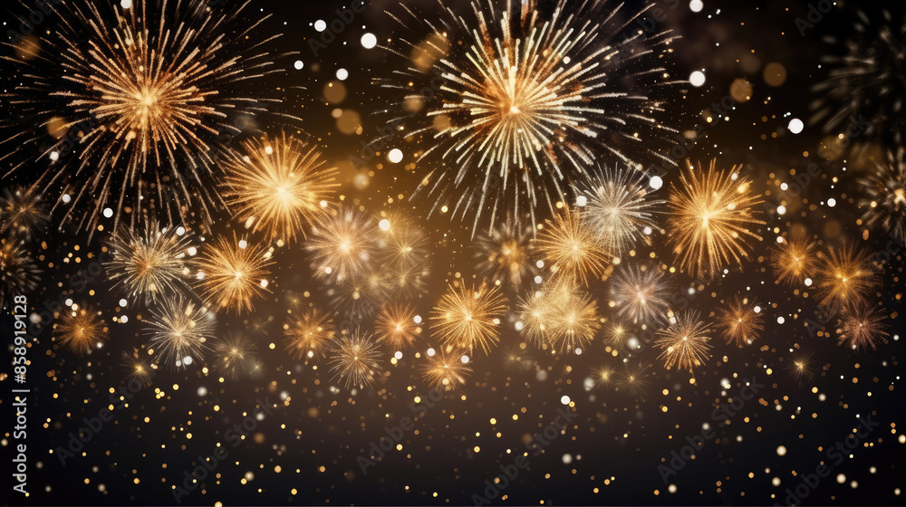 Happy New Year 2024, Silvester New Year Eve firework party celebration holiday greeting card - Gold fireworks and golden bokeh lights on dark night background, Generative AI Happy New Year 2024, Silvester New Year Eve firework party celebration holiday greeting card - Gold fireworks and golden bokeh lights on dark night background, Generative AI