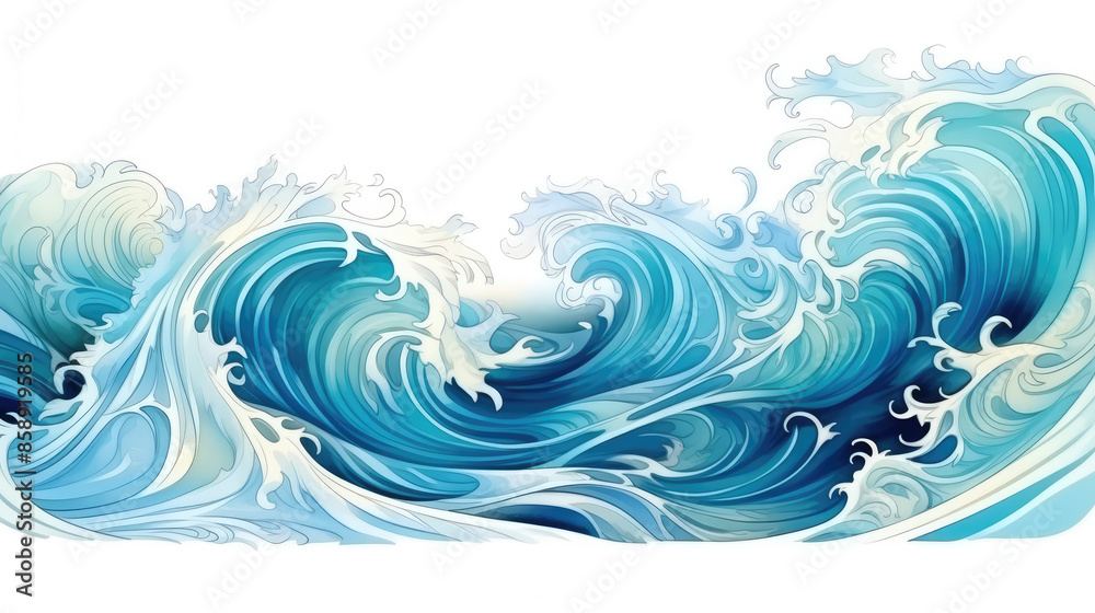 Watercolor painting of ocean sea water wave waving waves blue teal and gold color, isolated on white background, Web banner, backdrop, graphic, illustration, Generative AI Watercolor painting of ocean sea water wave waving waves blue teal and gold color, isolated on white background, Web banner, backdrop, graphic, illustration, Generative AI