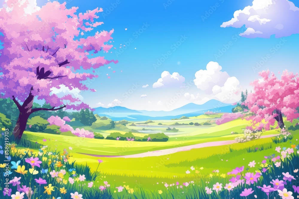 Fototapeta premium Springtime Landscape with Blossoming Cherry Trees