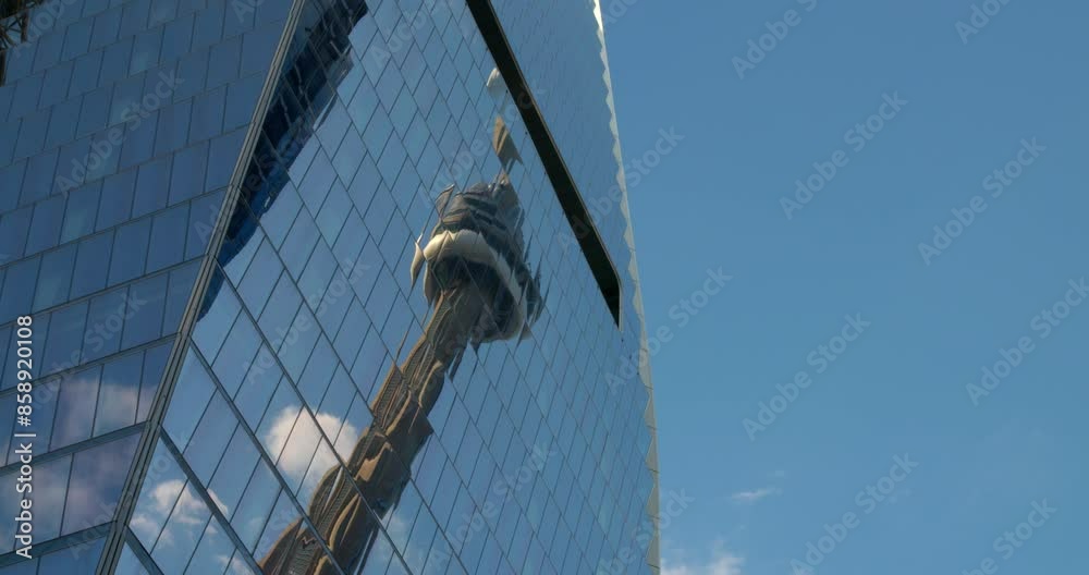 CN Tower reflected in glass windows of Toronto high-rise building. Modern architecture, urban skyline. Sleek, reflective skyscraper symbolizes progress, innovation, and city development.