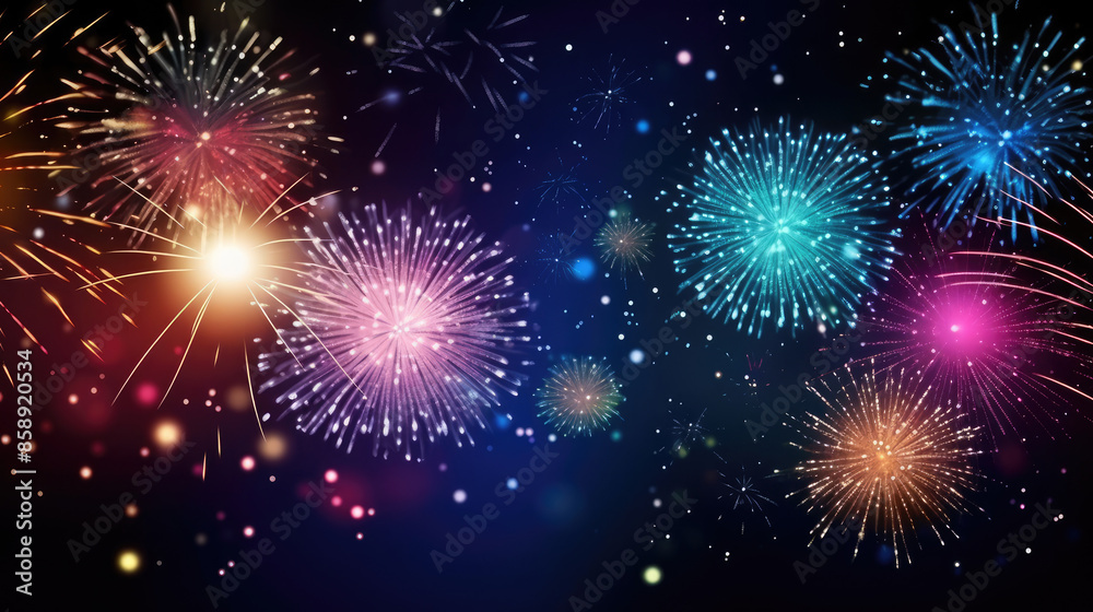Happy New Year 2025, New Year Eve firework sparkler party celebration holiday greeting card with year - Colorful fireworks, sparklers and bokeh lights, dark night background banner, Generative AI Happy New Year 2025, New Year Eve firework sparkler party celebration holiday greeting card with year - Colorful fireworks, sparklers and bokeh lights, dark night background banner, Generative AI