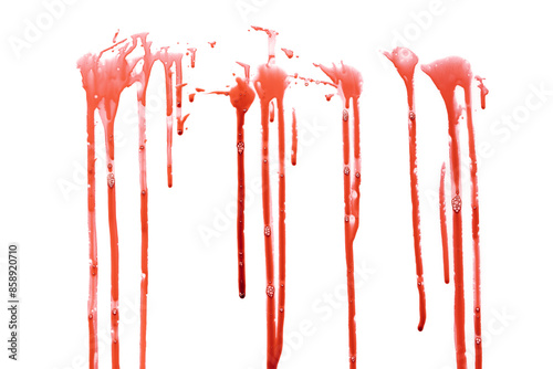 Dripping blood isolated on white background. Flowing bloody stains, splashes and drops. Trail and drips red blood close up