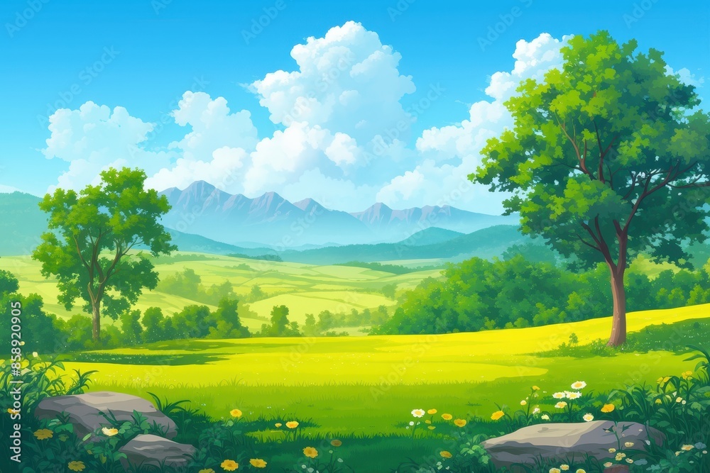 Naklejka premium Summer Meadow Landscape with Mountains