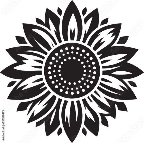 A black and white drawing of a sunflower with an isolated white background.