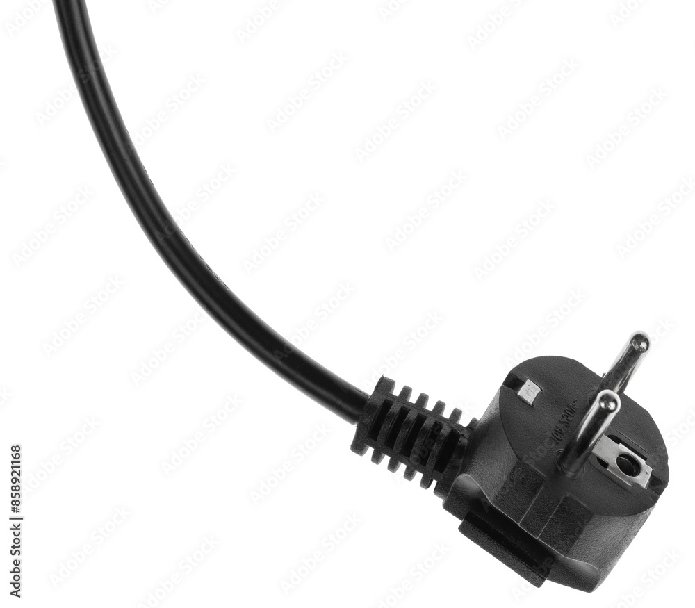 Electric European plug isolated on white background. Black power cable with plug. Power cord close-up Electric European plug isolated on white background. Black power cable with plug. Power cord close-up