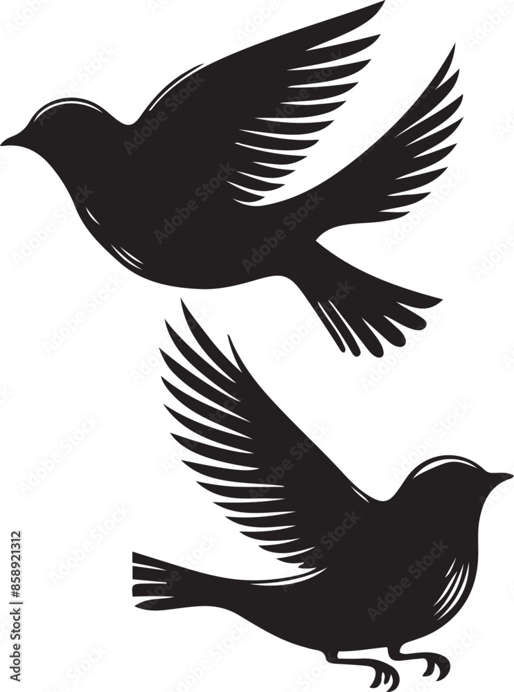 Obraz premium Collection of birds' black silhouette vector illustration and hand-drawn image.